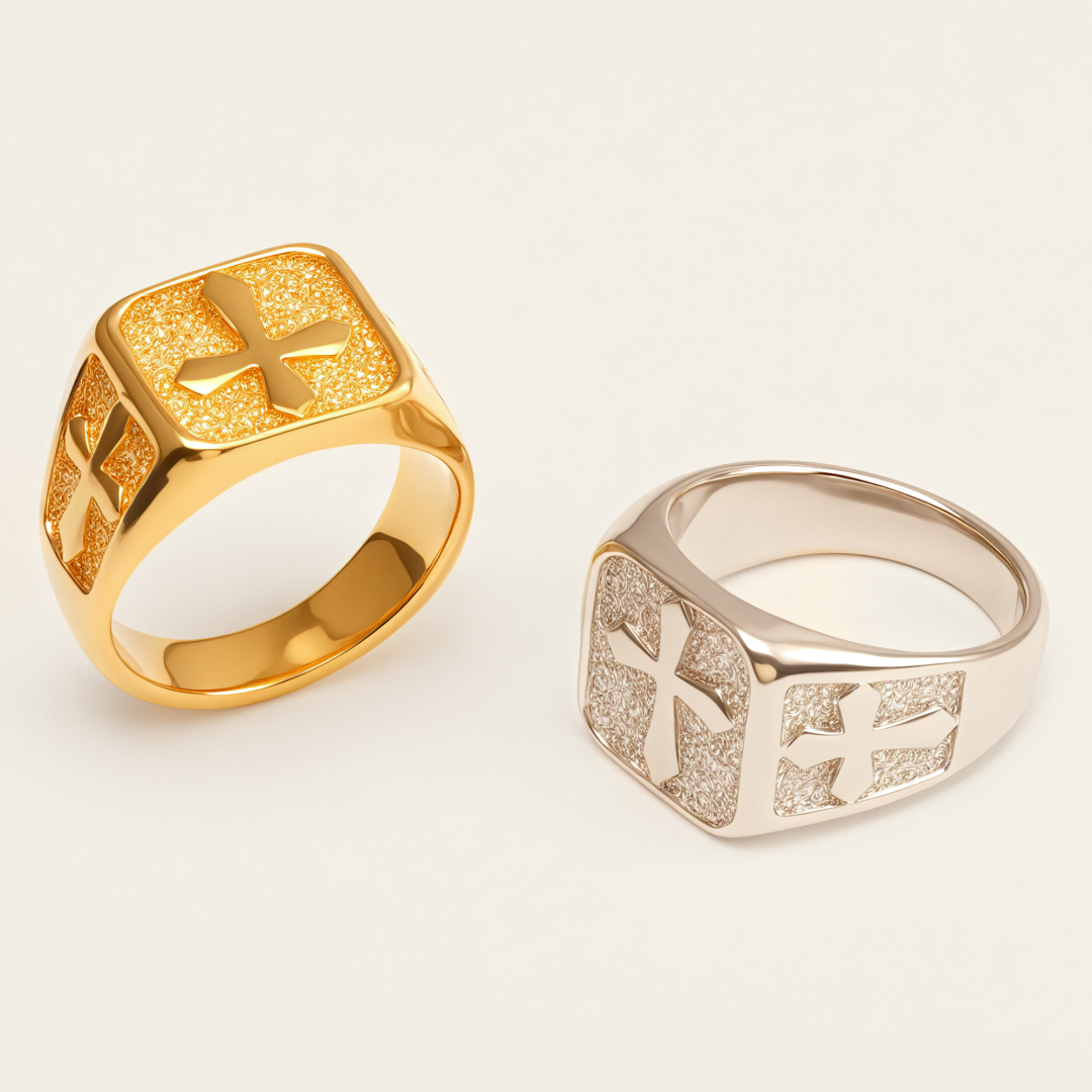 Trendy Men's Gold - and - Silver Stainless Steel Ring with Cross Pattern | DZ522-JinBaoJewerly