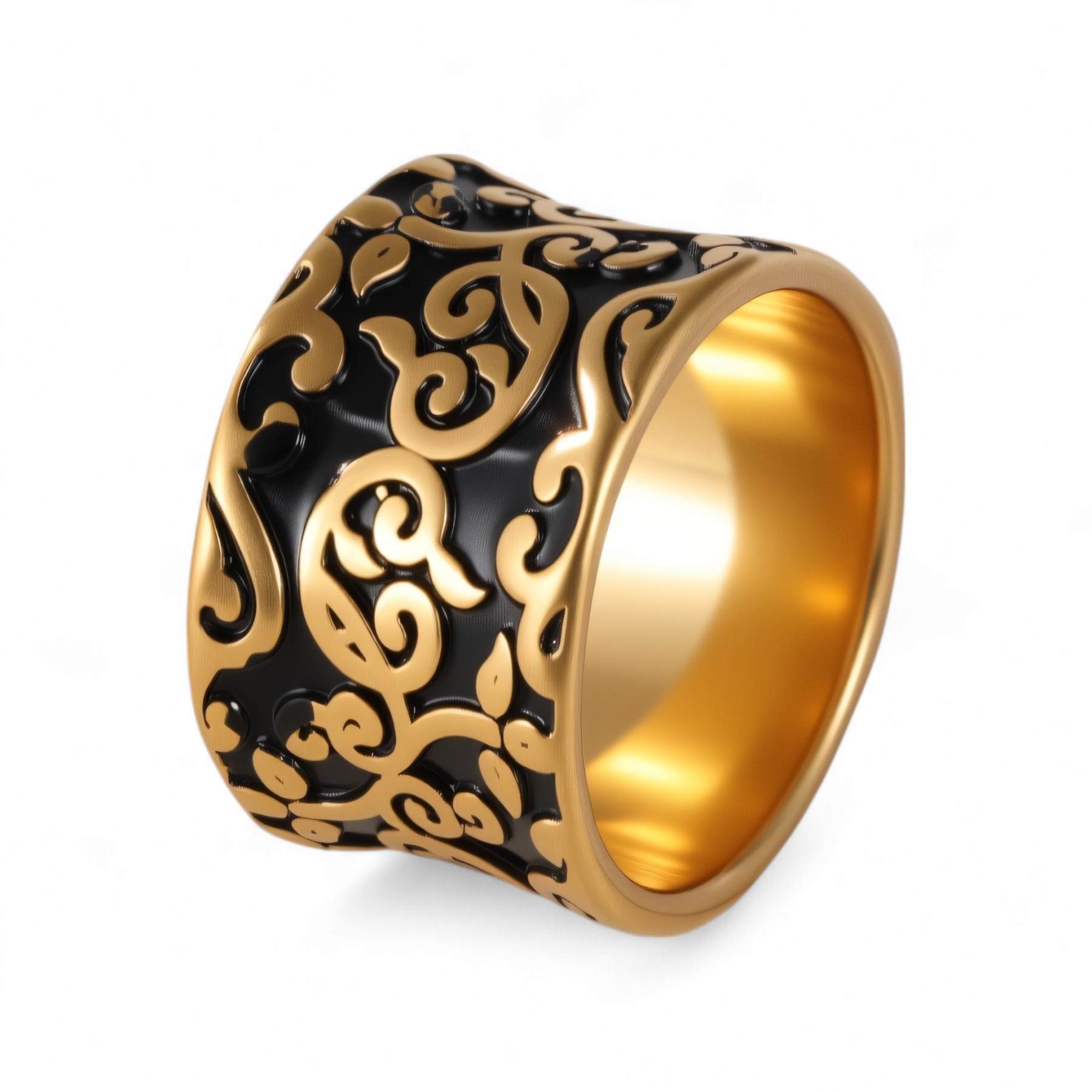 Exquisite Carved Texture Black And Gold Stainless Steel Men's Ring-JinBaoJewerly