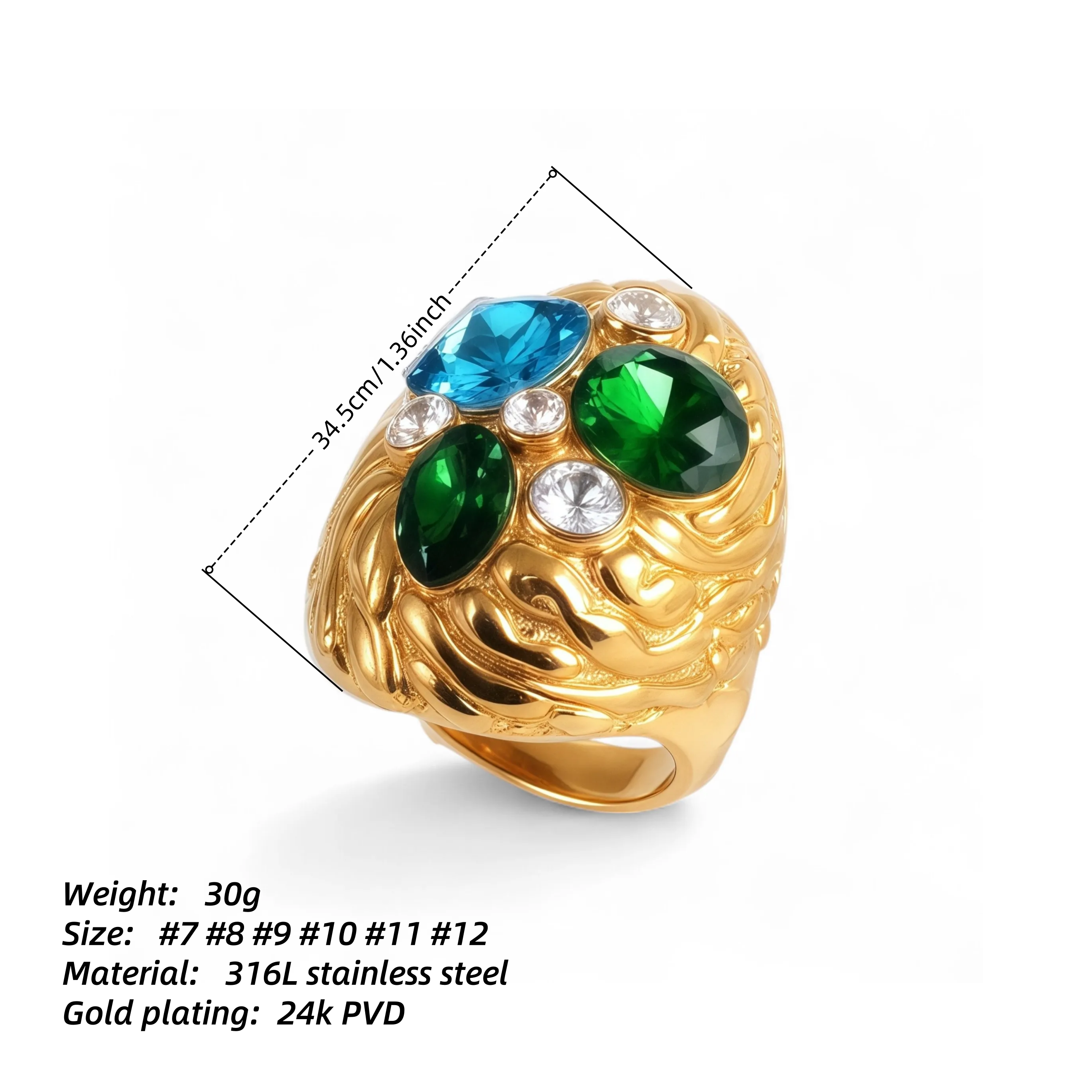 Stylish Embossed Colorful Gemstone Stainless Steel Ring for Women | G004467-JinBaoJewerly