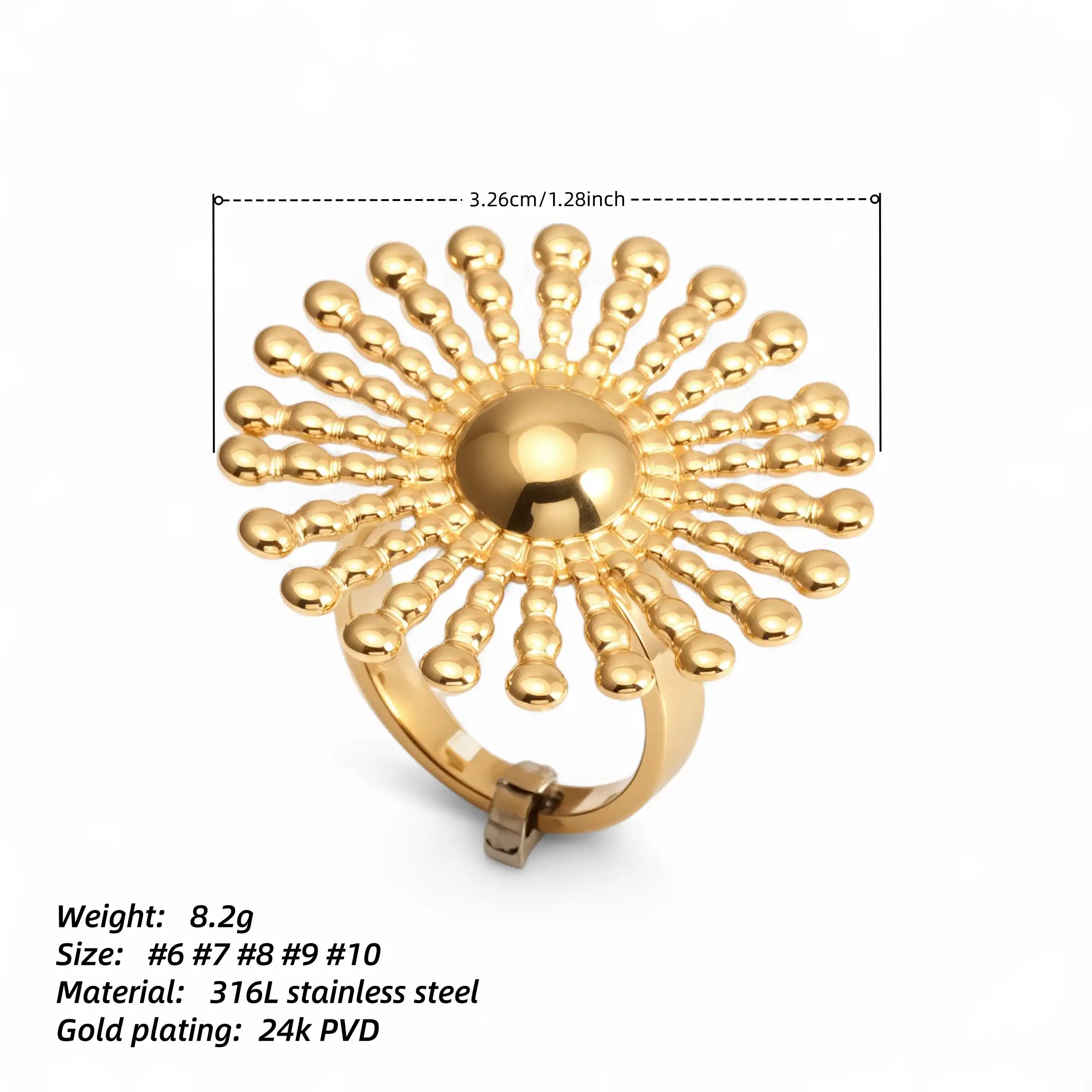 24K Gold - Plated Stainless Steel Women's Ring with Sunflower Design | G005537-JinBaoJewerly