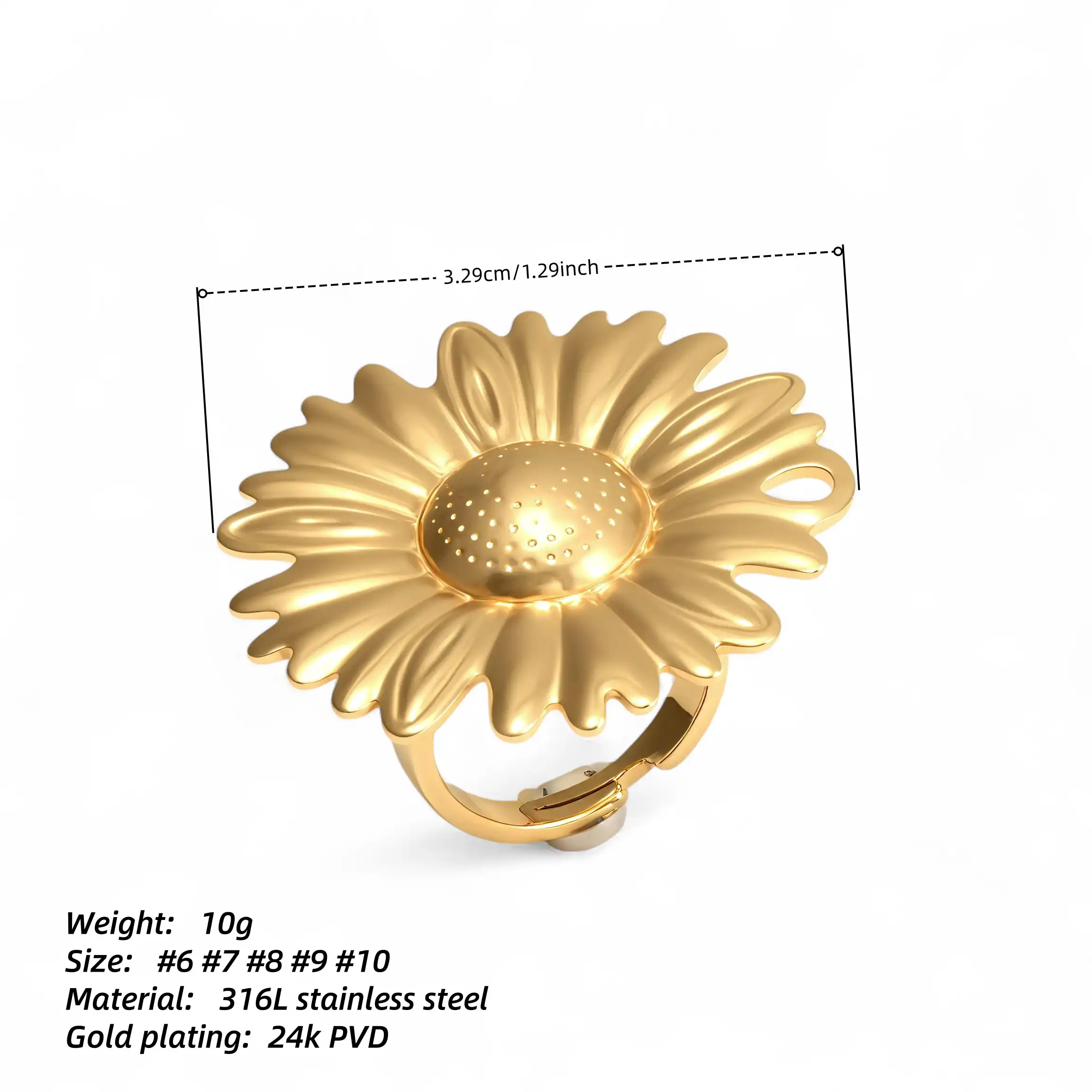 Adjustable 24K Gold Plated Stainless Steel Daisy Women's Ring | G005376-JinBaoJewerly