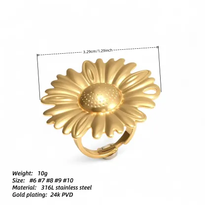 Adjustable 24K Gold Plated Stainless Steel Daisy Women's Ring | G005376-JinBaoJewerly