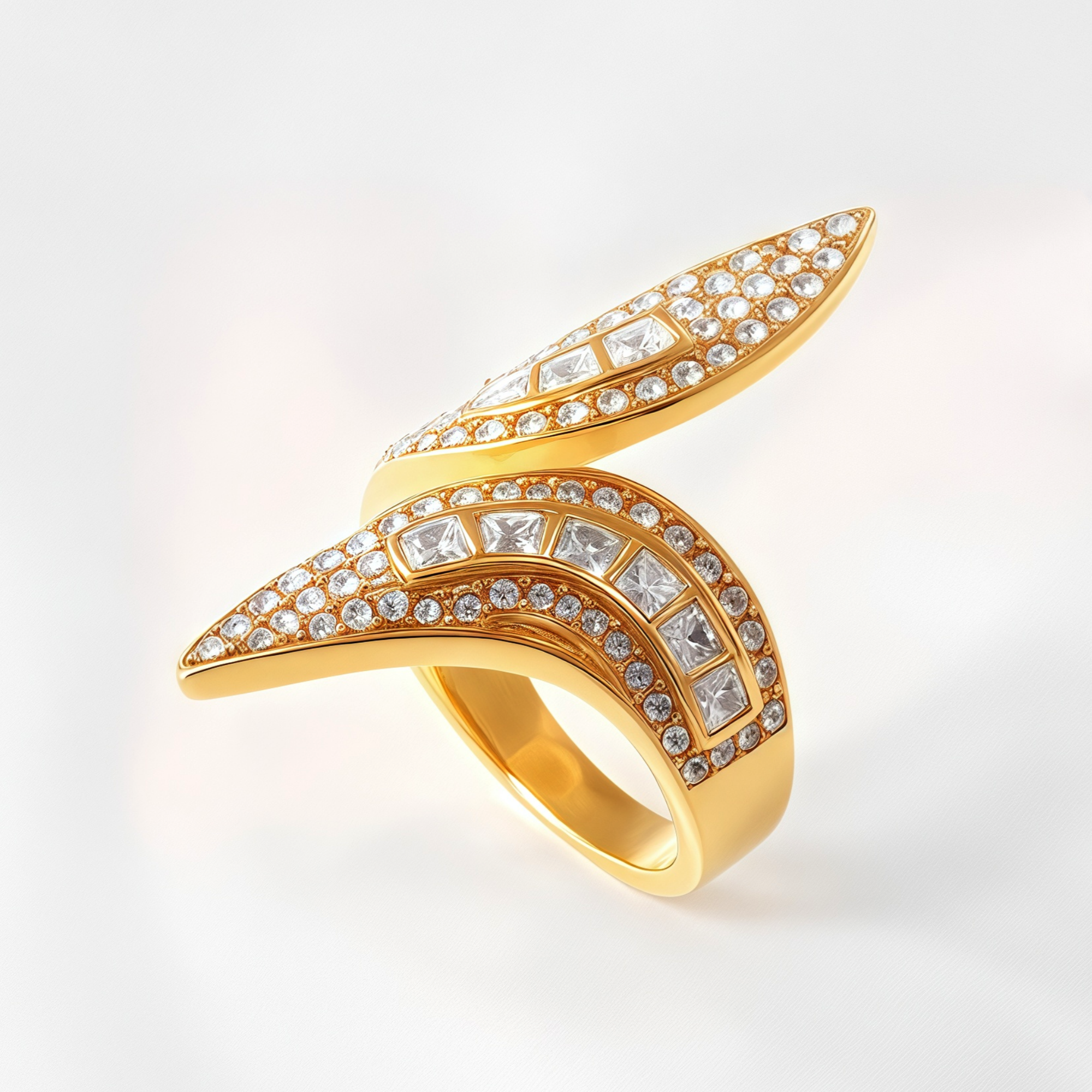Luxurious Crystal Ring Curved Geometric Golden Style for Women | DZ1543-JinBaoJewerly