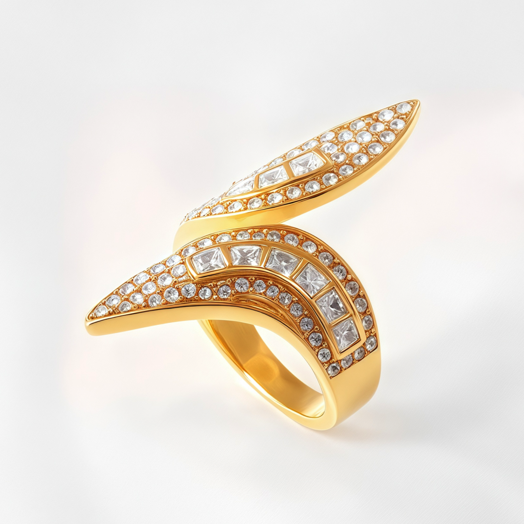 Luxurious Crystal Ring Curved Geometric Golden Style for Women | DZ1543-JinBaoJewerly
