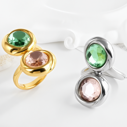 Elegant Stainless Steel Ring with Double Gemstone Design for Women |  G004502-JinBaoJewerly