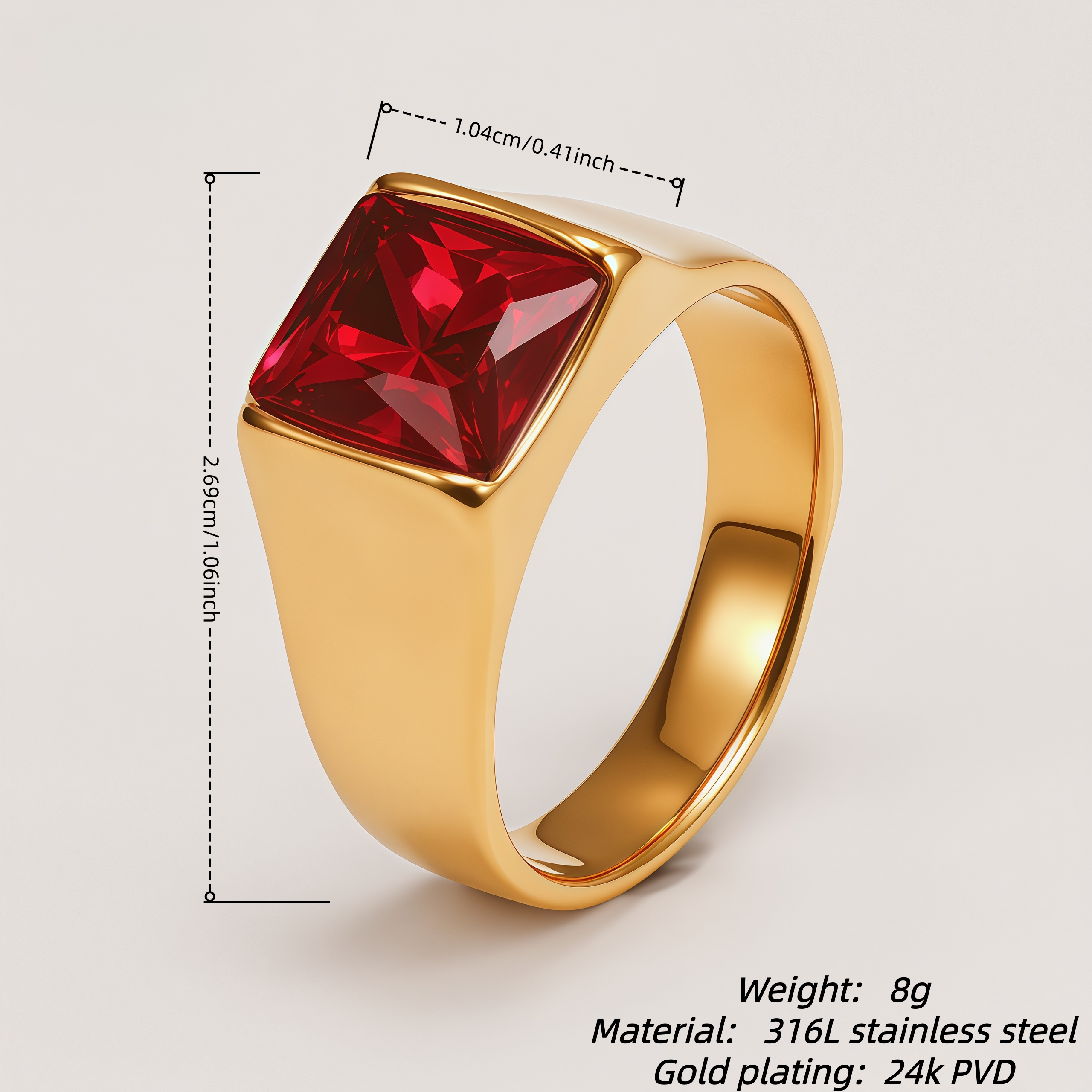 Men's Titanium Steel Gold-Plated Square Ruby-Style Ring | N00699J