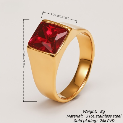Men's Titanium Steel Gold-Plated Square Ruby-Style Ring | N00699J