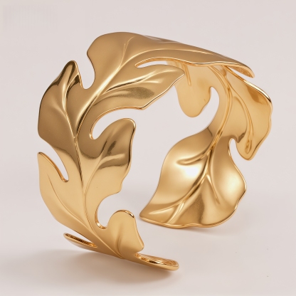 Monstera Leaf Shaped Gold-Plated Open Cuff Bracelet for Women