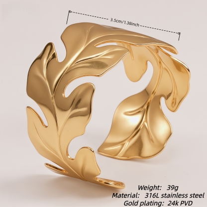 Monstera Leaf Shaped Gold-Plated Open Cuff Bracelet for Women