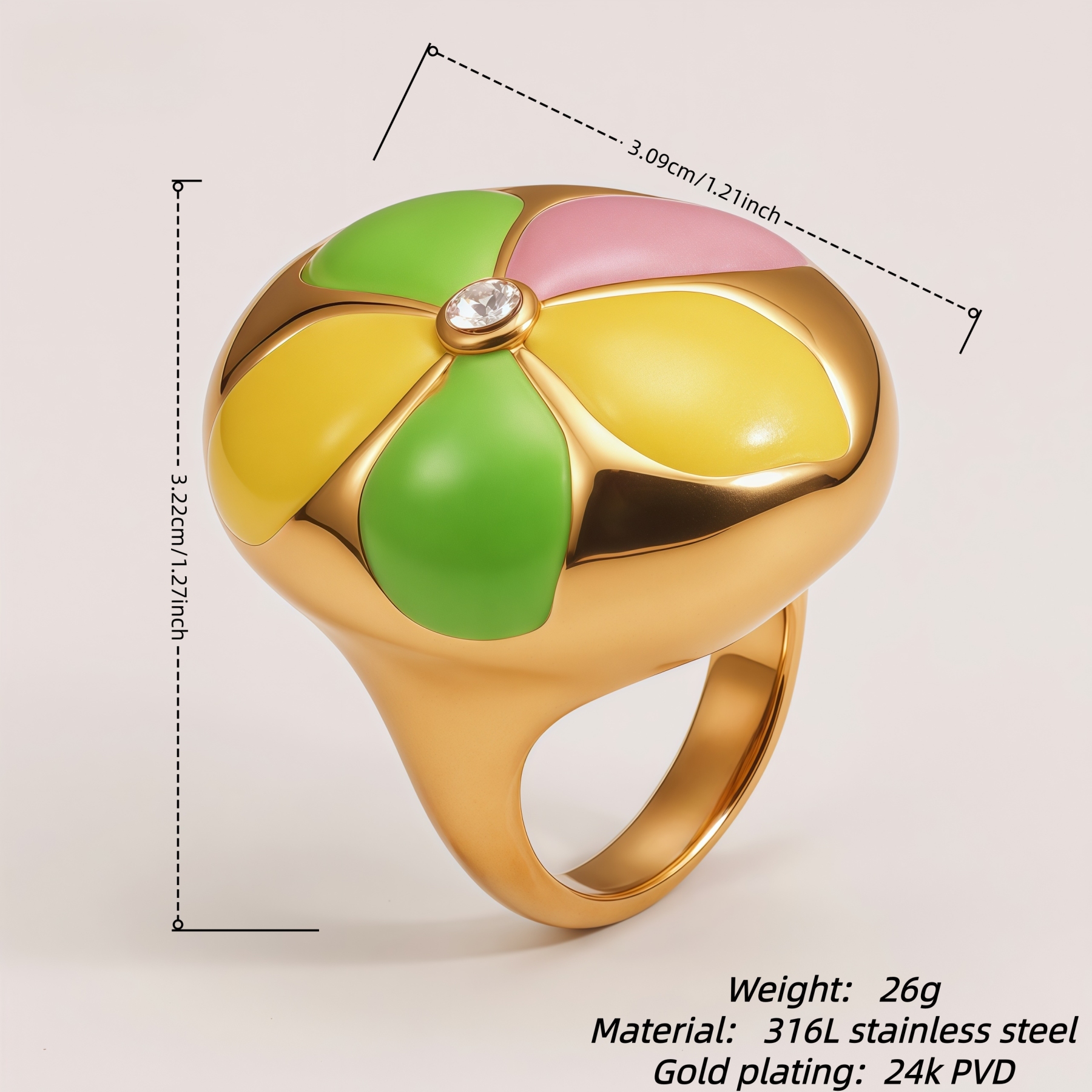 Stainless Steel 24K Block Enamel Flower Women's Ring | G004683J