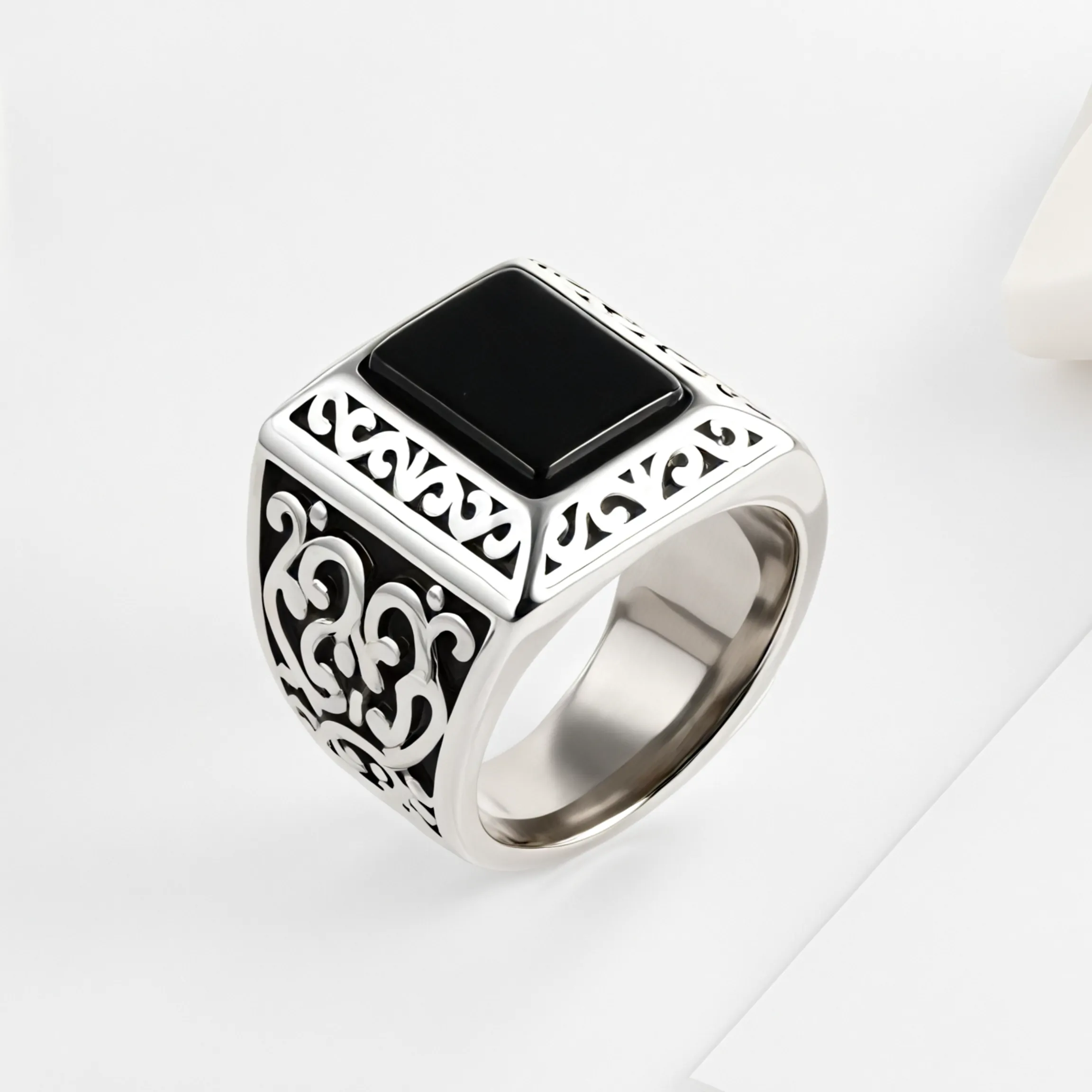 Vintage Black Square Gemstone Men's Stainless Steel Ring | K00148-JinBaoJewerly