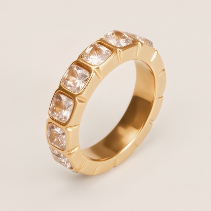 Diamond - Inlaid Wide Stainless Steel Unique Women's Ring | N001948J-JinBaoJewerly