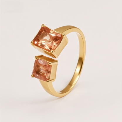 Women's Gold-Tone Square Double Gemstone Open Ring