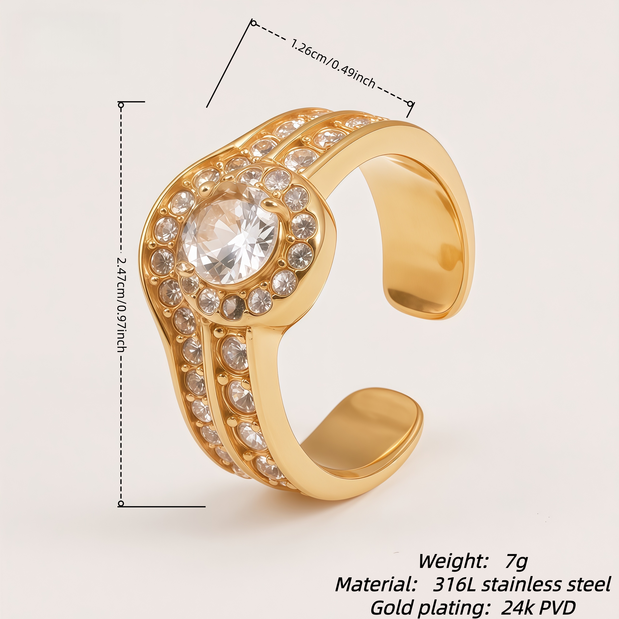 316 Stainless Steel Large Cubic Zirconia Stones Luxury Women's Ring