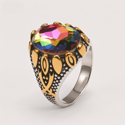Men's Two-Tone Large Gemstone Vintage Pattern Bold Ring | K00717JJ