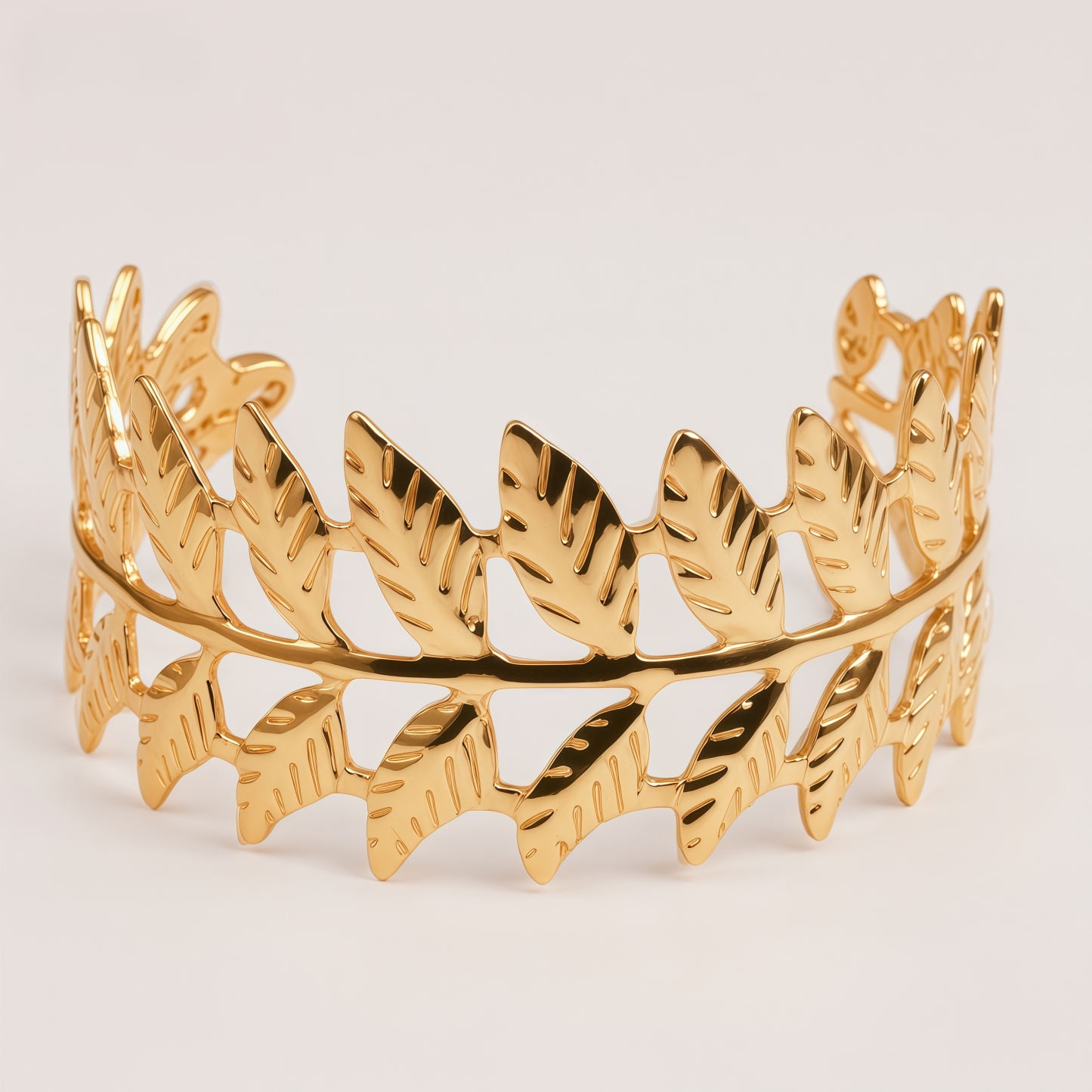 Fern Leaf Shaped Gold-Plated Open Cuff Bracelet for Women