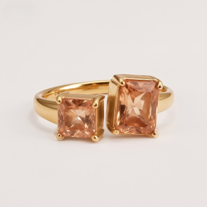 Women's Gold-Tone Square Double Gemstone Open Ring