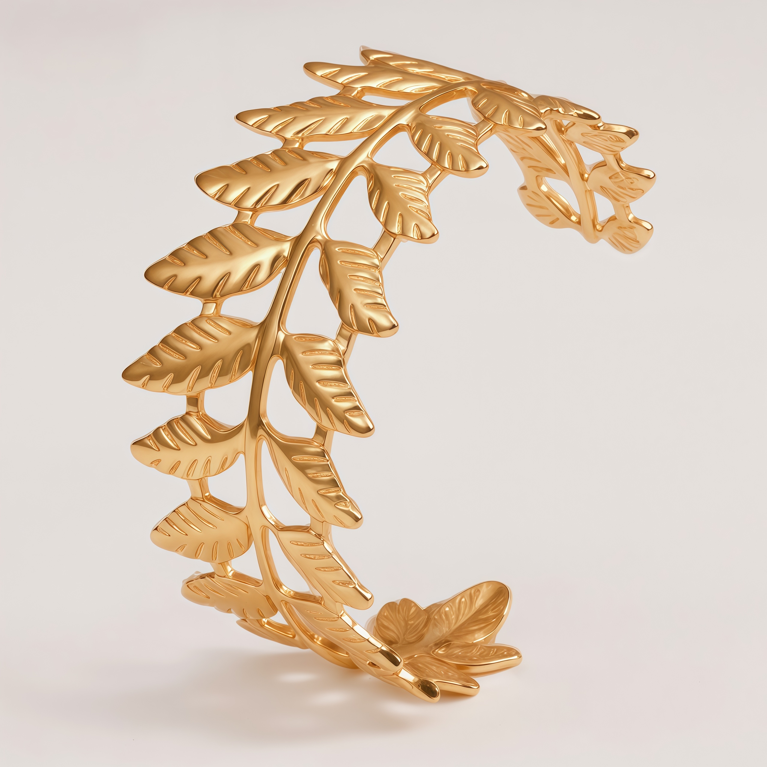 Fern Leaf Shaped Gold-Plated Open Cuff Bracelet for Women