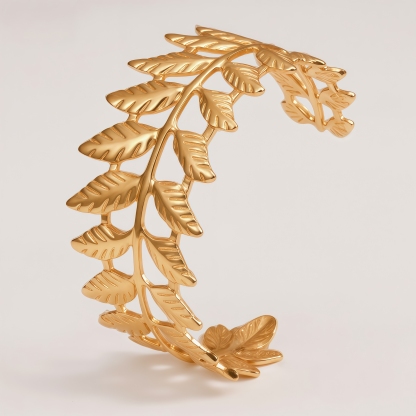 Fern Leaf Shaped Gold-Plated Open Cuff Bracelet for Women
