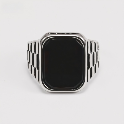Vintage Square Stone Onyx Textured Band Multi Style Men's Ring | K002750