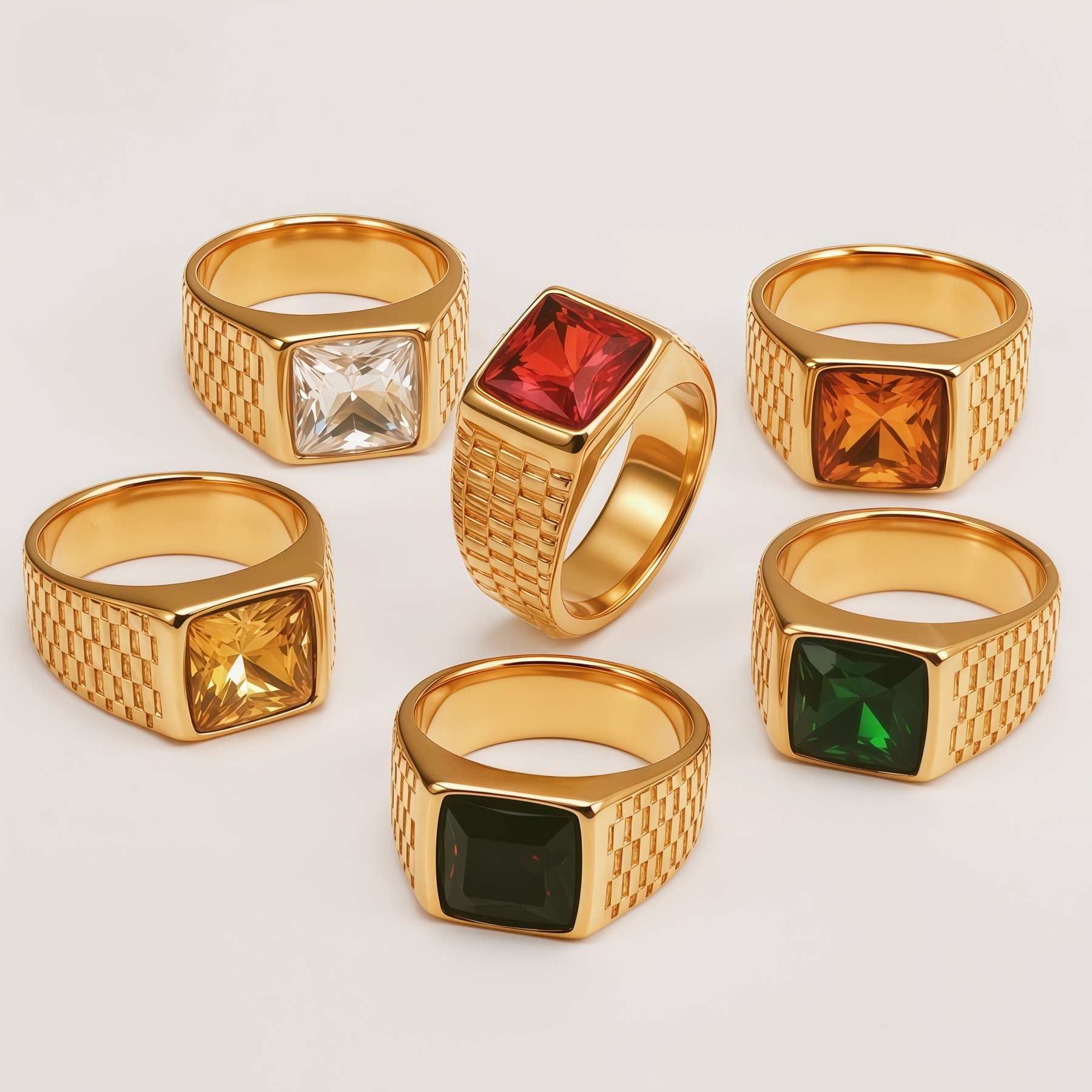 Men's Stainless Steel Square Gemstone Vintage Grid Texture Ring | K0099J