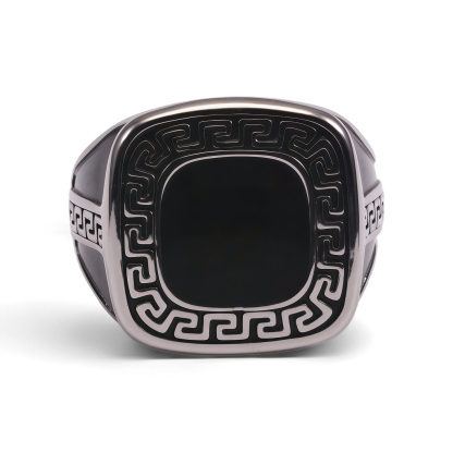 Greek Key Pattern Black Square Vintage Fashion Men's Ring | G002104