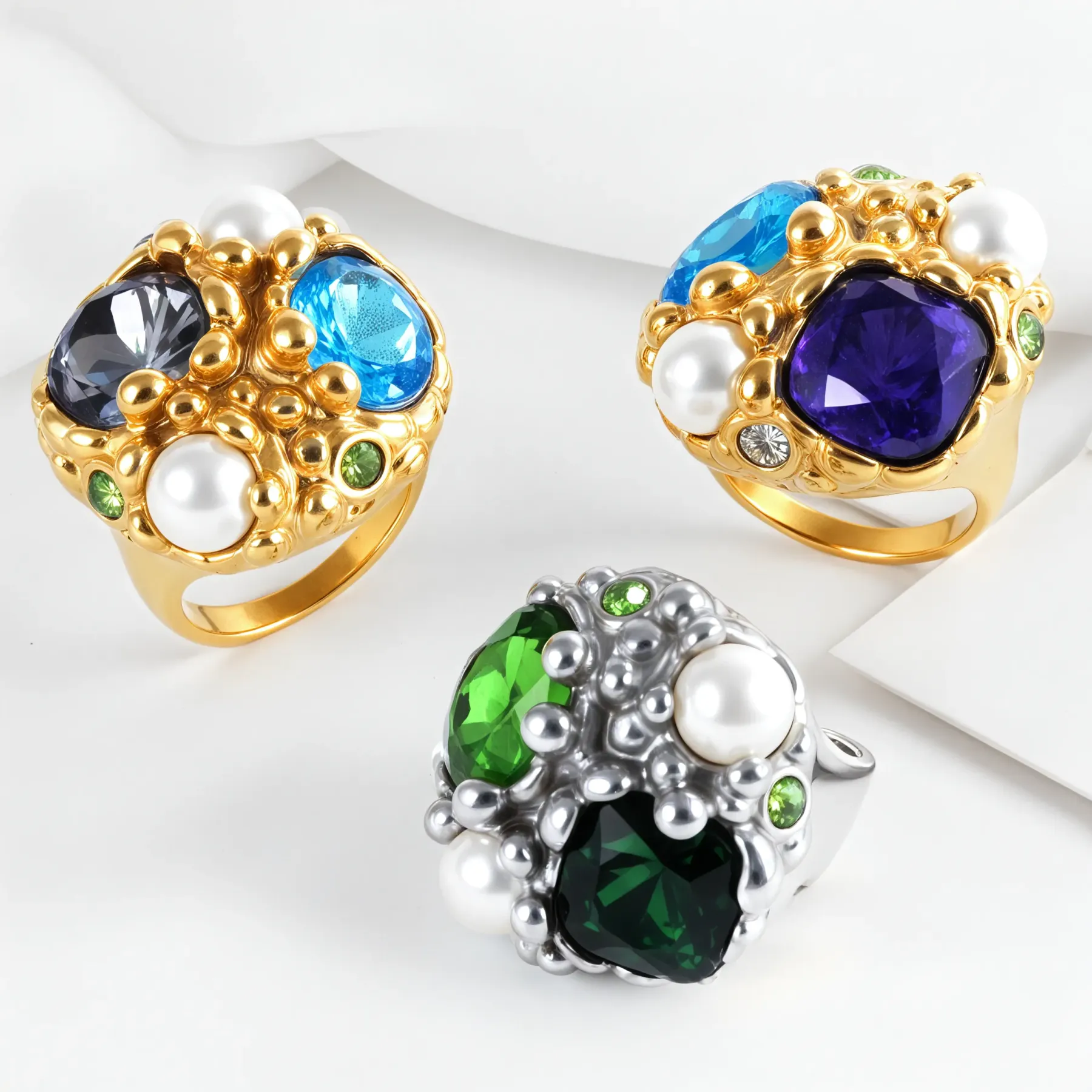 Luxurious Gemstone and Pearl Decorative Stainless Steel Ring Women's Ring | G004495-JinBaoJewerly