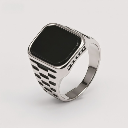 Vintage Square Stone Onyx Textured Band Multi Style Men's Ring | K002750