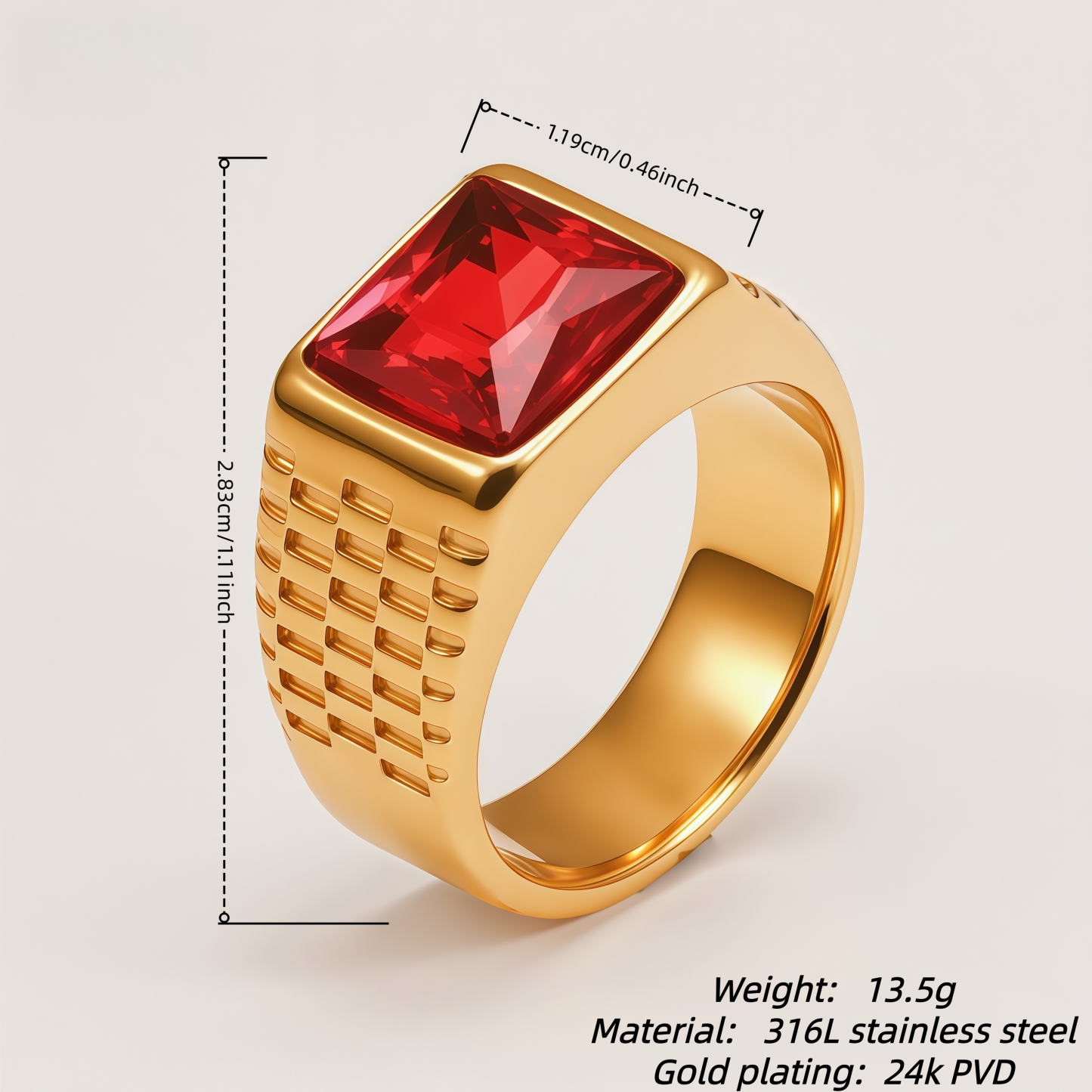 Men's Stainless Steel Square Gemstone Vintage Grid Texture Ring | K0099J