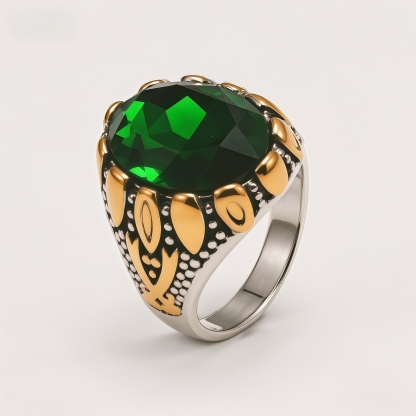 Men's Two-Tone Large Gemstone Vintage Pattern Bold Ring | K00717JJ