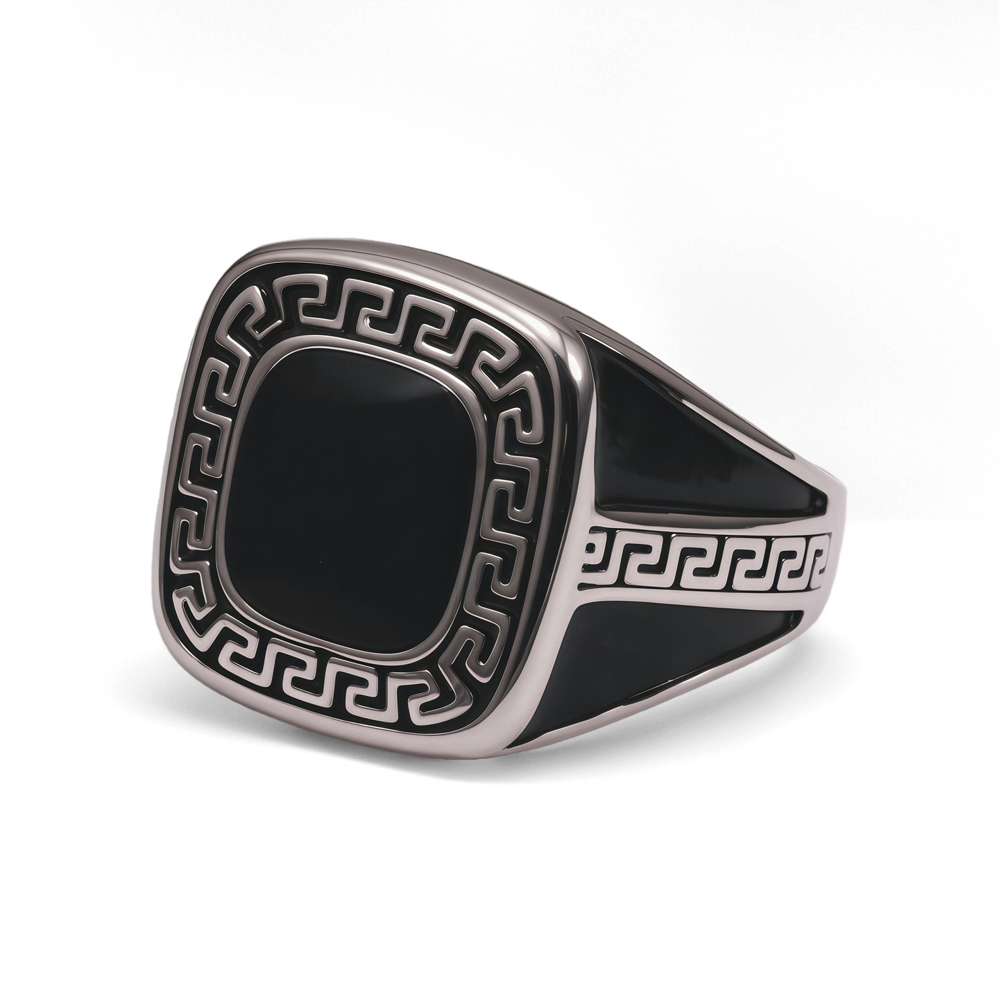 Greek Key Pattern Black Square Vintage Fashion Men's Ring | G002104