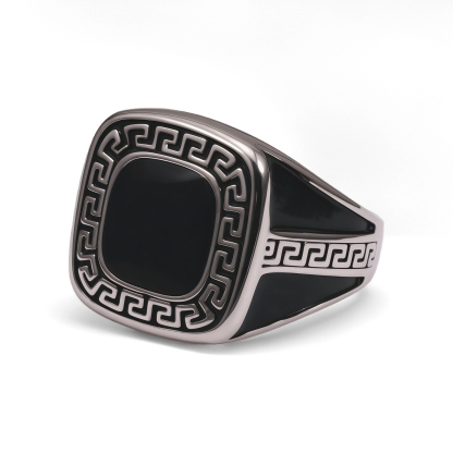 Greek Key Pattern Black Square Vintage Fashion Men's Ring | G002104