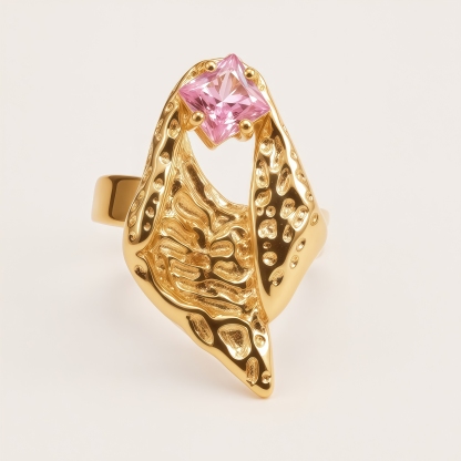 Vintage Stainless Steel Pink Crystal Irregular Ring for Women | G005764