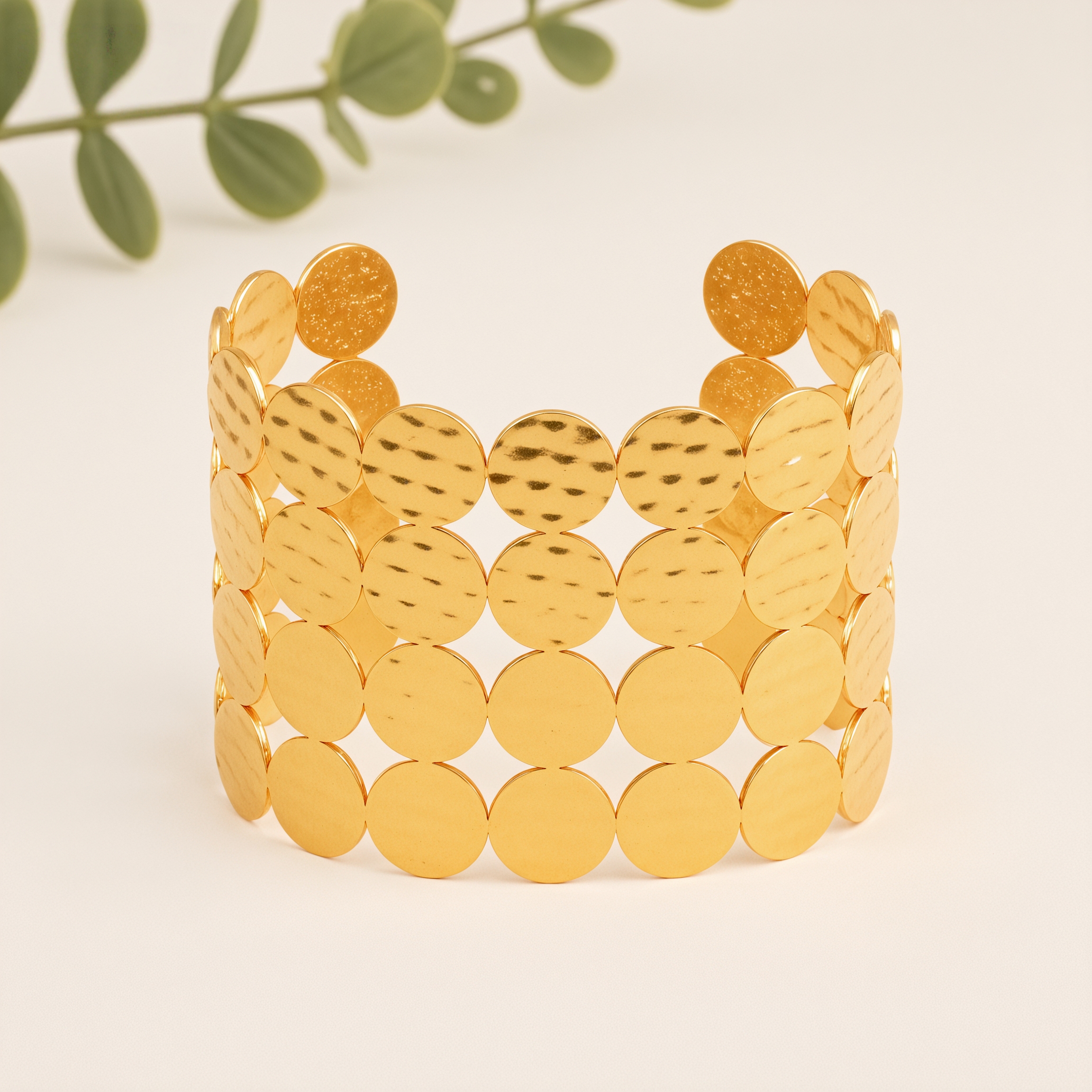 Vintage Textured Gold Disc Open Cuff Stainless Steel Women's Bracelet