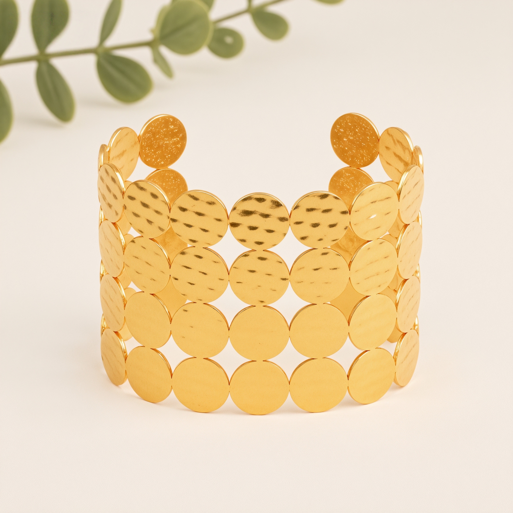 Vintage Textured Gold Disc Open Cuff Stainless Steel Women's Bracelet