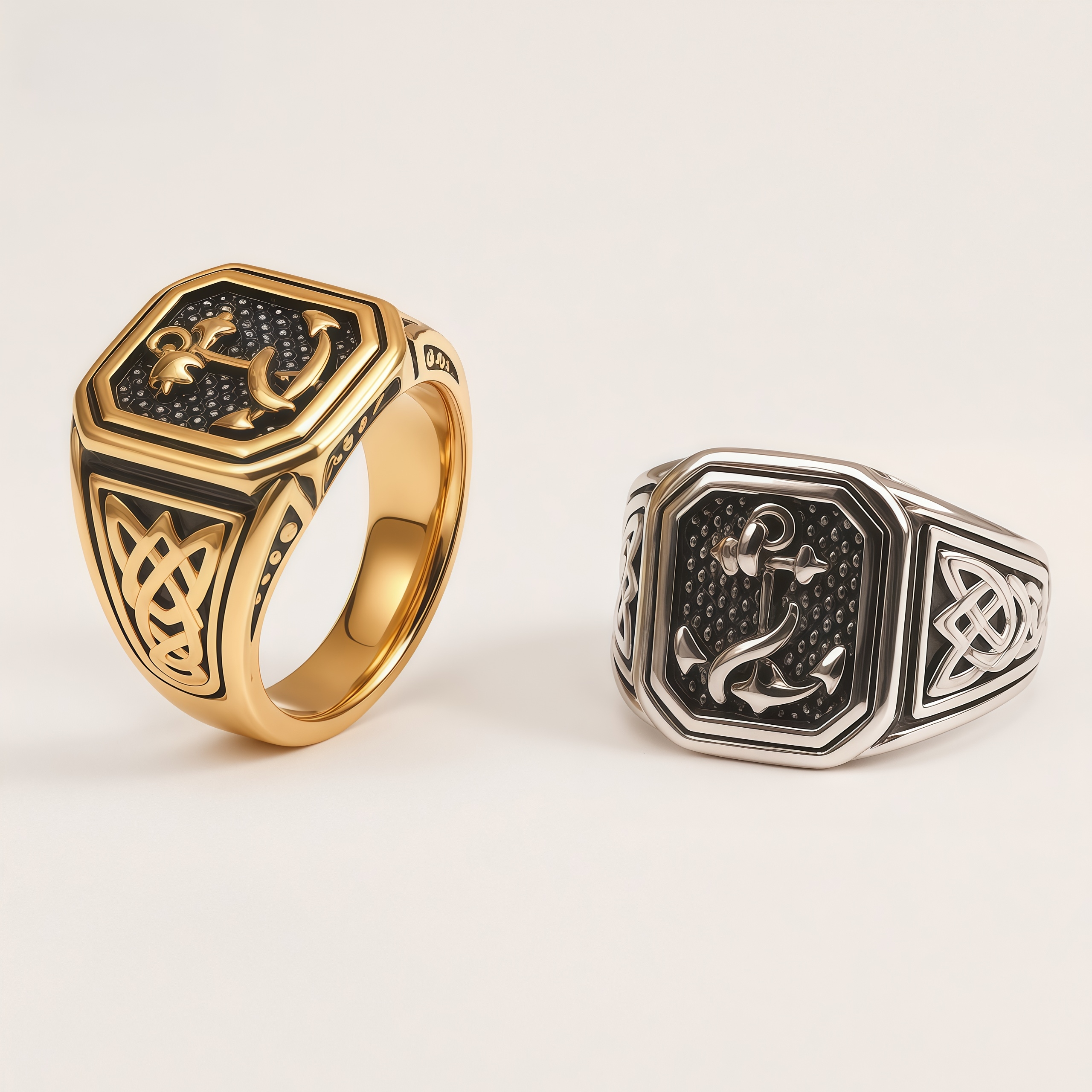 Men's Stainless Steel Anchor Signet Ring with Celtic Knot