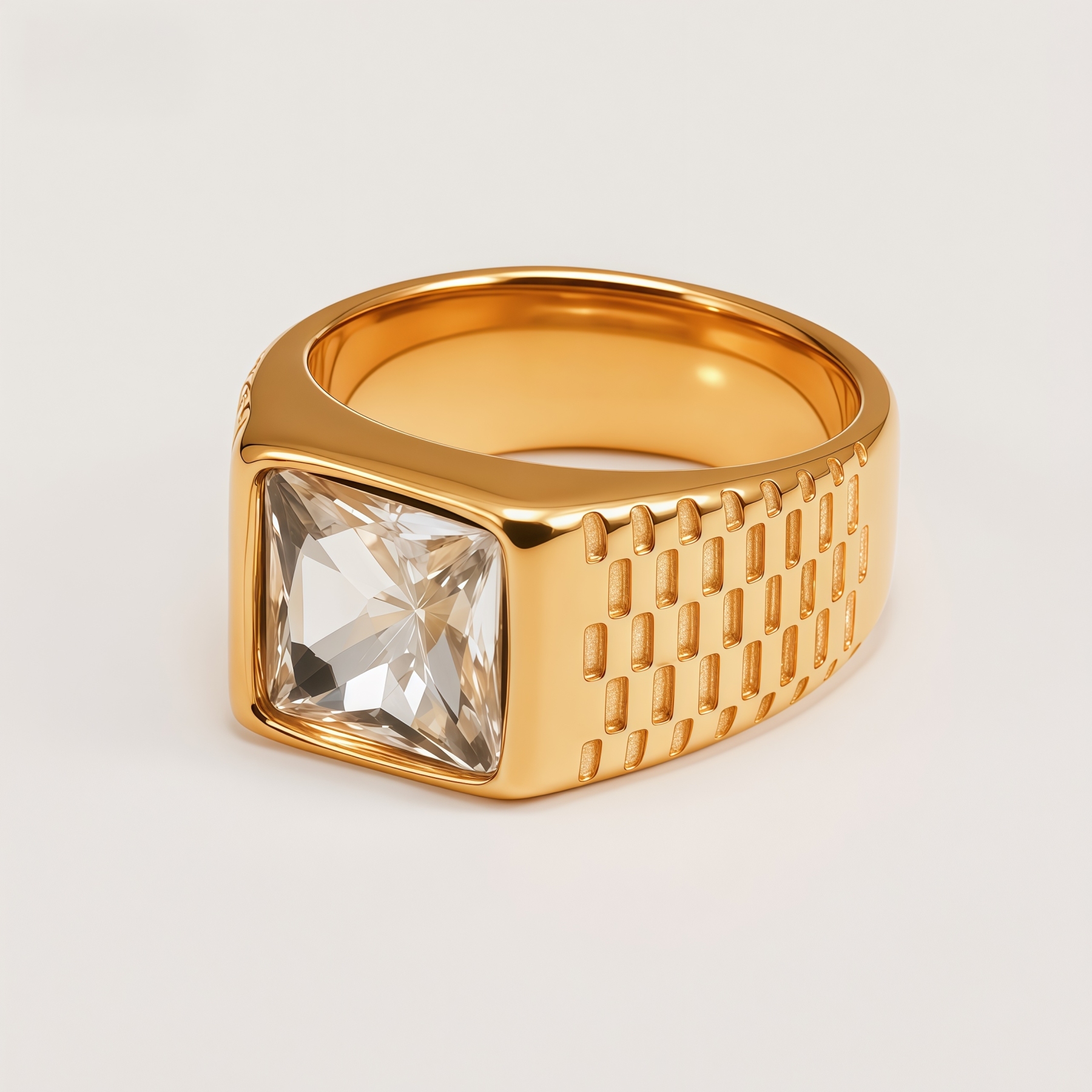 Men's Stainless Steel Square Gemstone Vintage Grid Texture Ring | K0099J