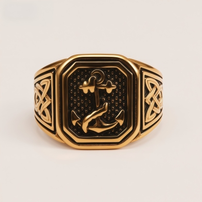Men's Stainless Steel Anchor Signet Ring with Celtic Knot
