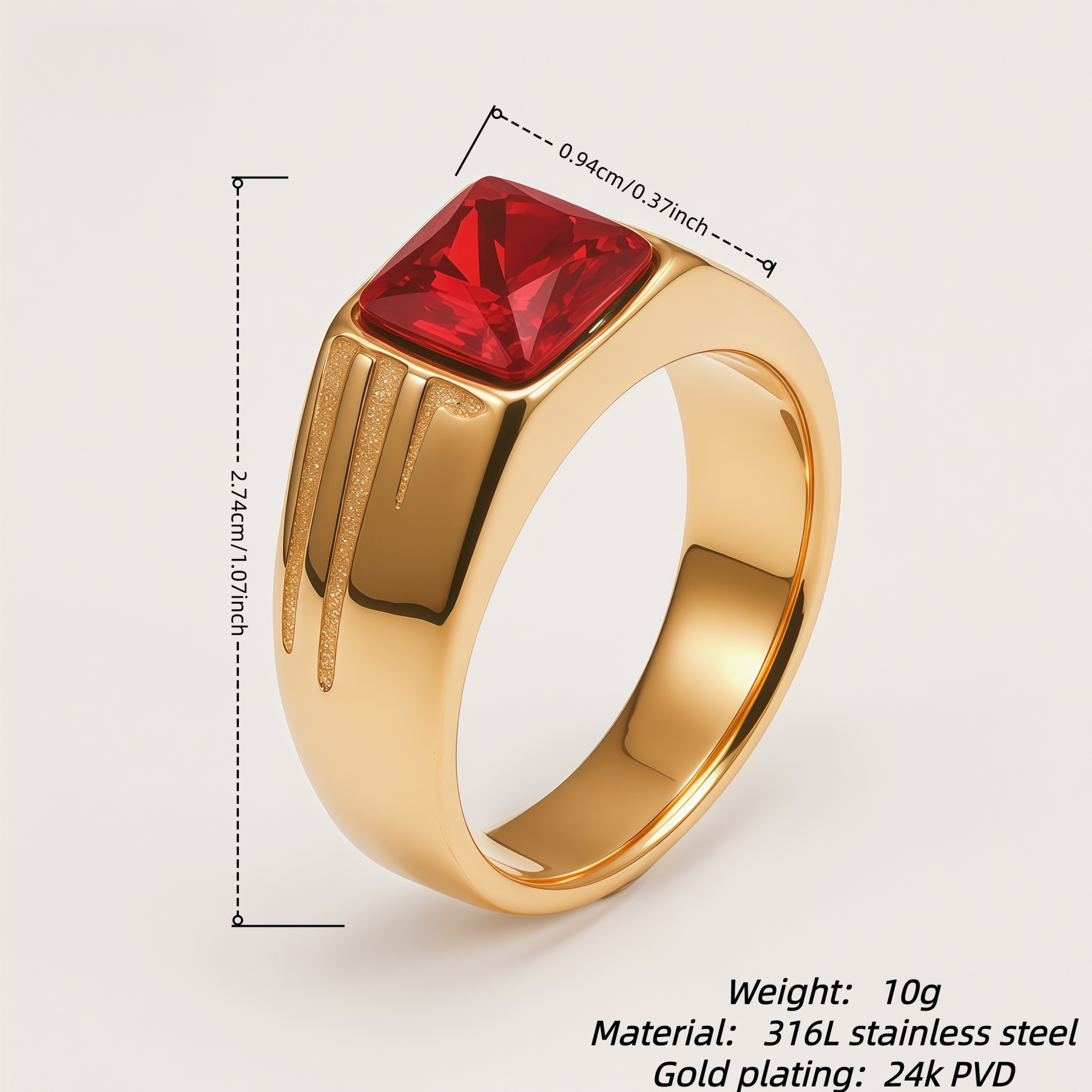 Men's Square Gem Side Carving - Bold Trendy Statement Ring