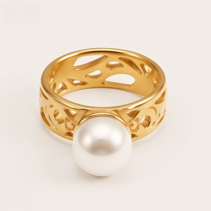 Elegant Fashion Stainless Steel Pearl Filigree Women's Ring | WF-1047