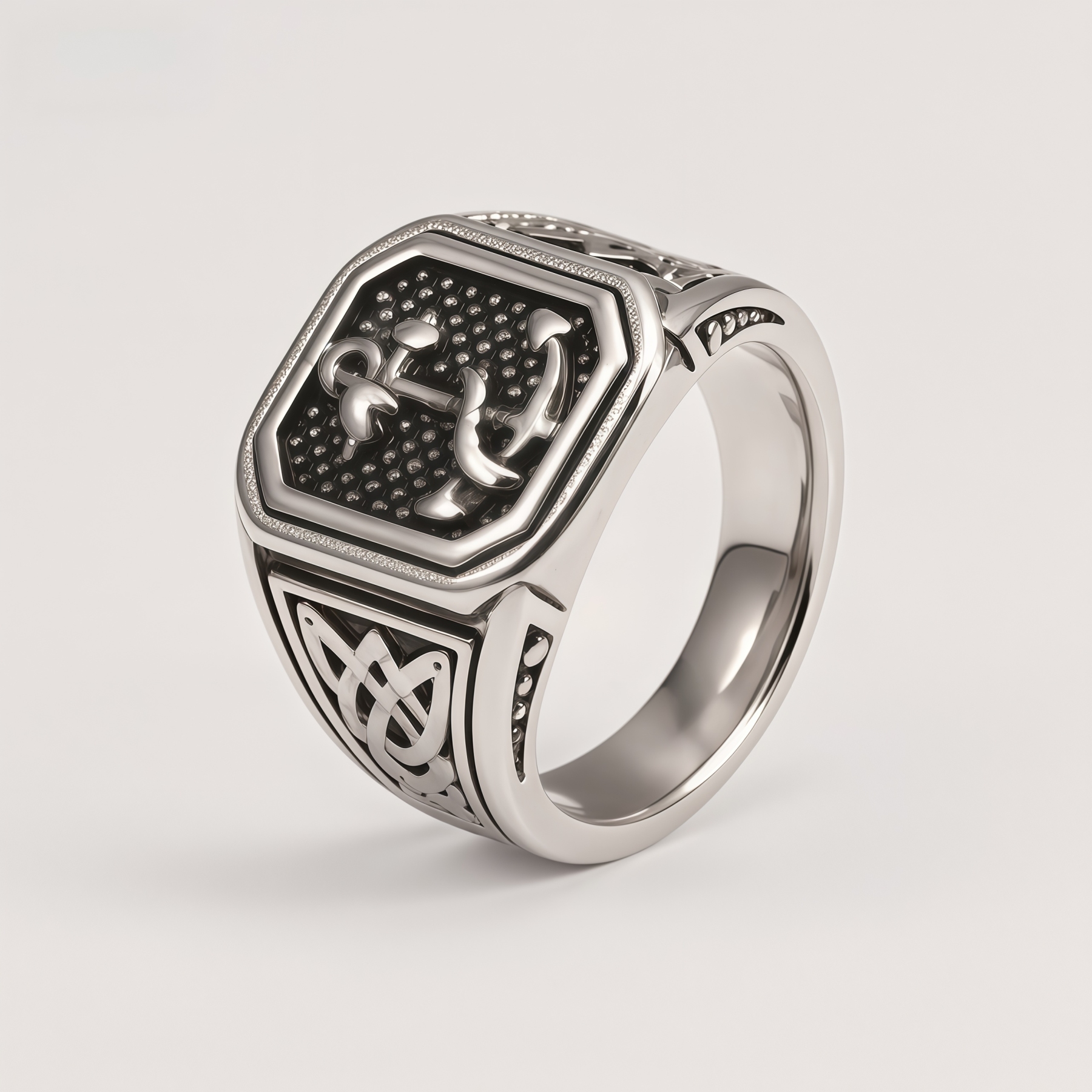 Men's Stainless Steel Anchor Signet Ring with Celtic Knot