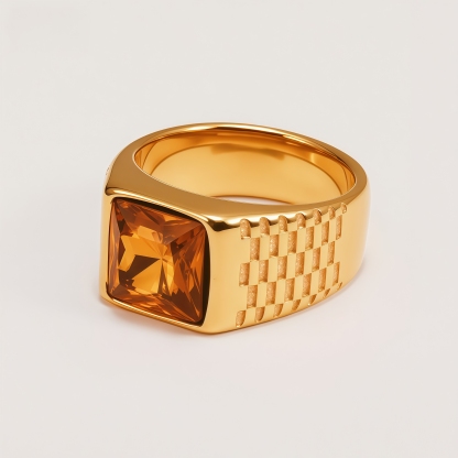 Men's Stainless Steel Square Gemstone Vintage Grid Texture Ring | K0099J