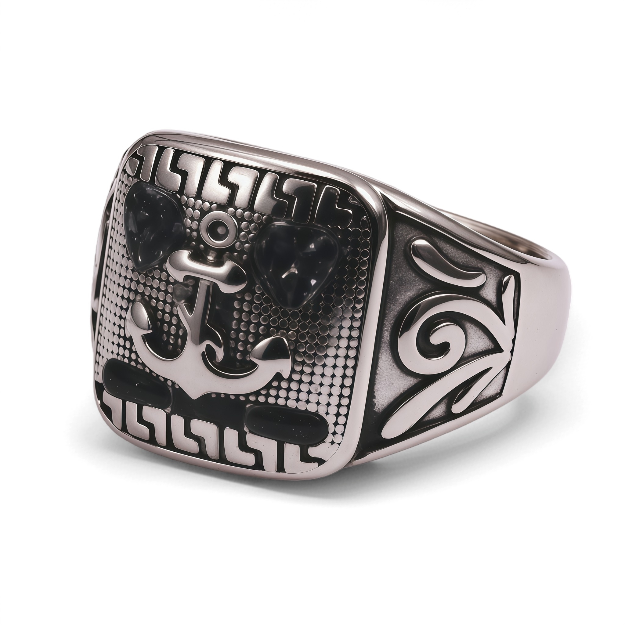 Vintage Boat Anchor Design With Black Gemstone Inlaid Men's Ring