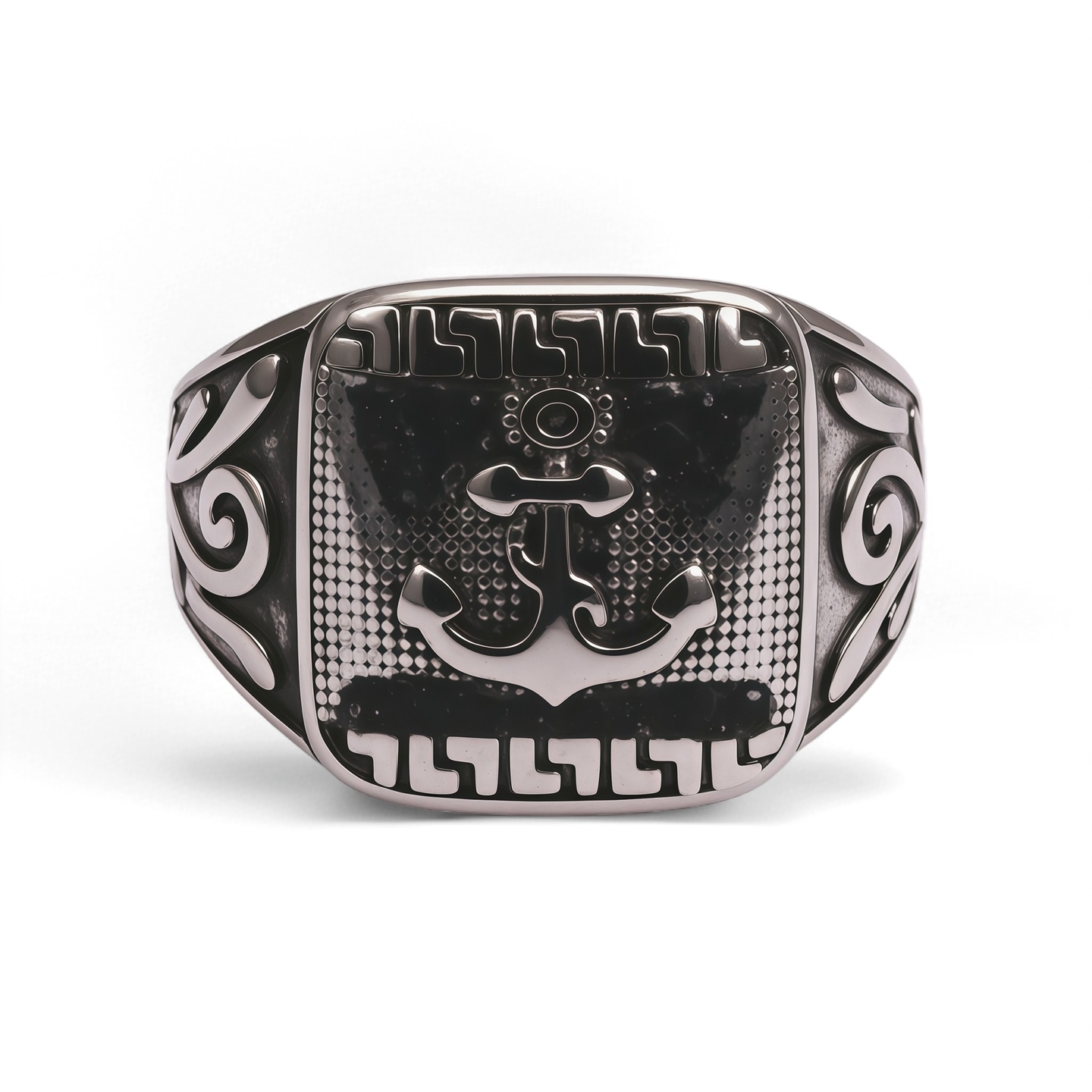 Vintage Boat Anchor Design With Black Gemstone Inlaid Men's Ring