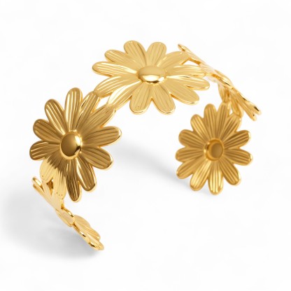 Crafted Daisy Cuff Bracelet 18K Gold 316L Steel Waterproof | DZE0840