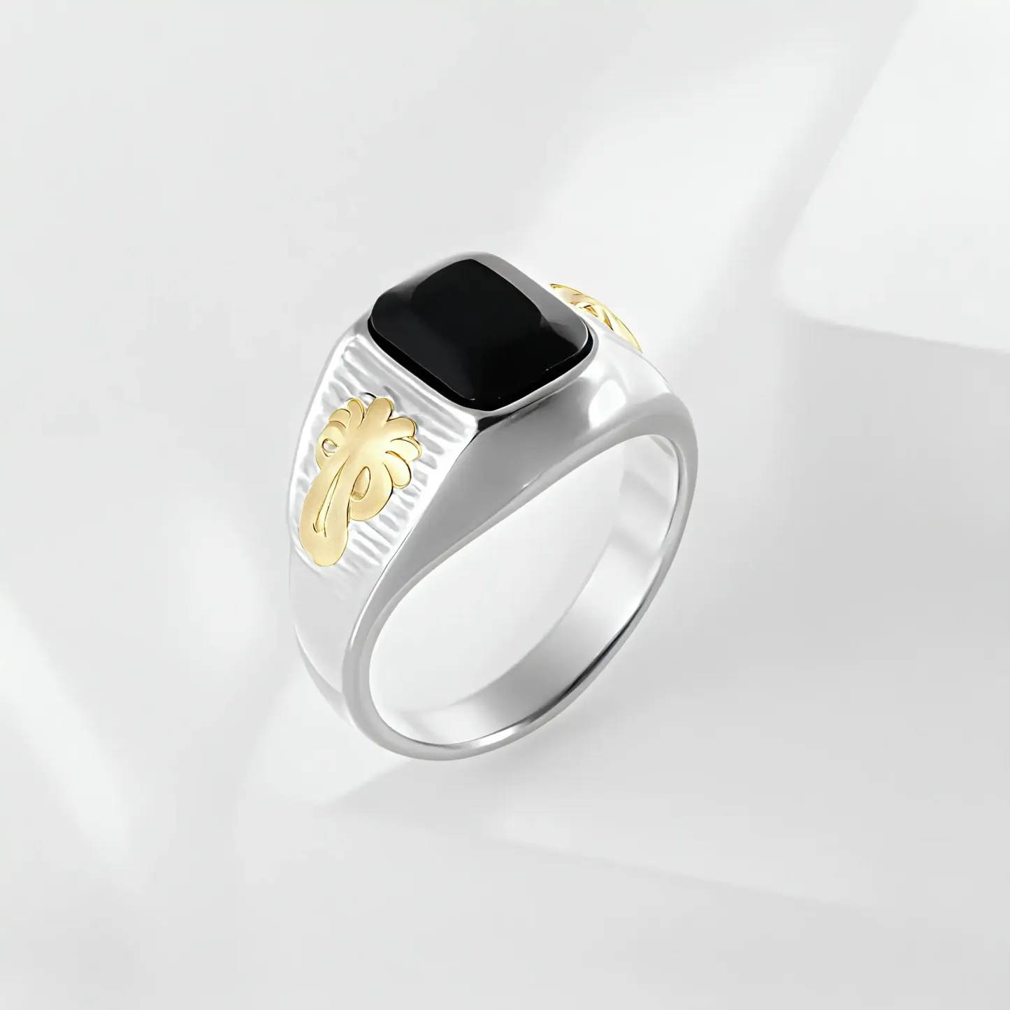 Classic Sunflower Black Gemstone Stainless Steel Ring for Men | K002789-JinBaoJewerly
