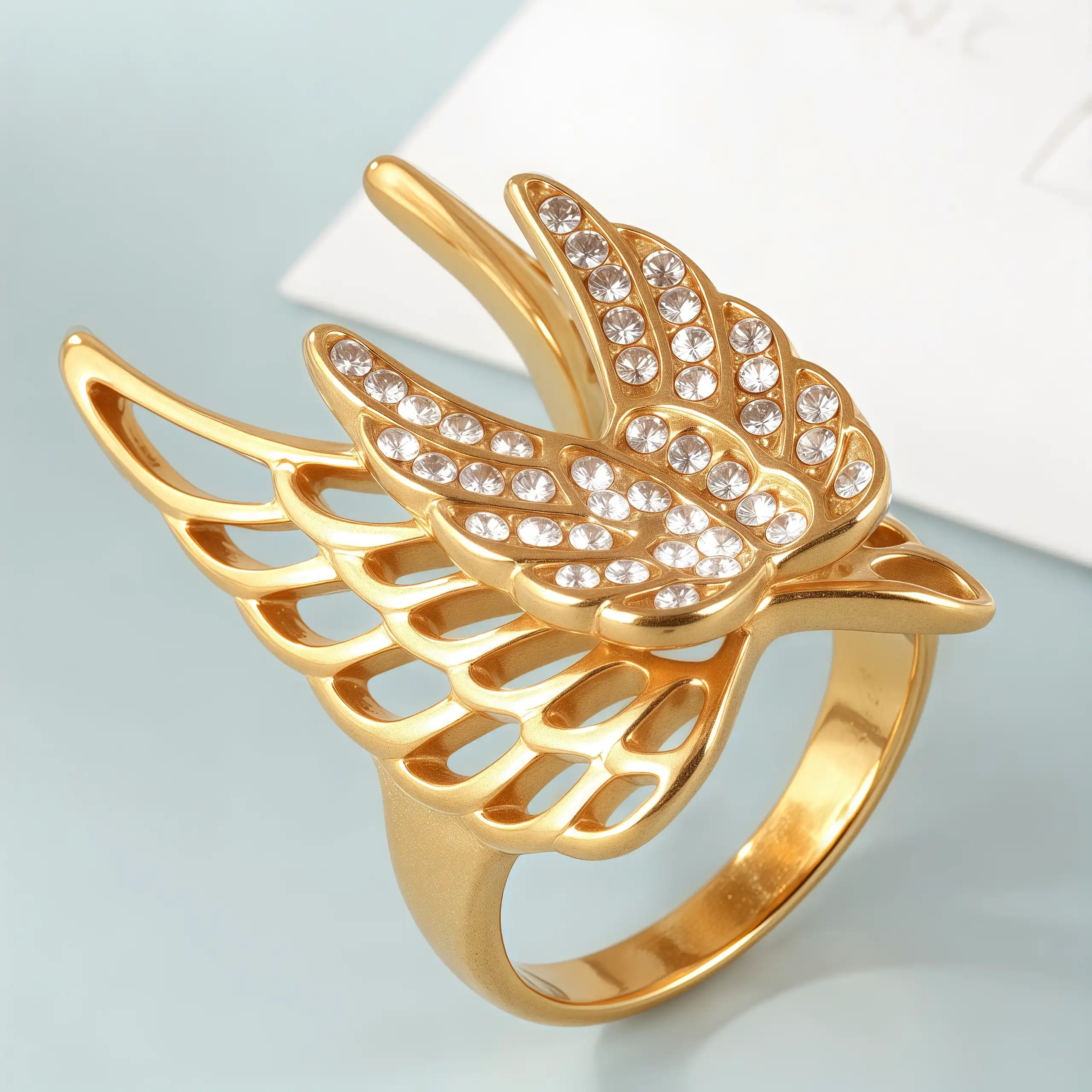 24k Gold Inlaid Crystal Wing Pattern Stainless Steel Female Ring丨C-306-JinBaoJewerly