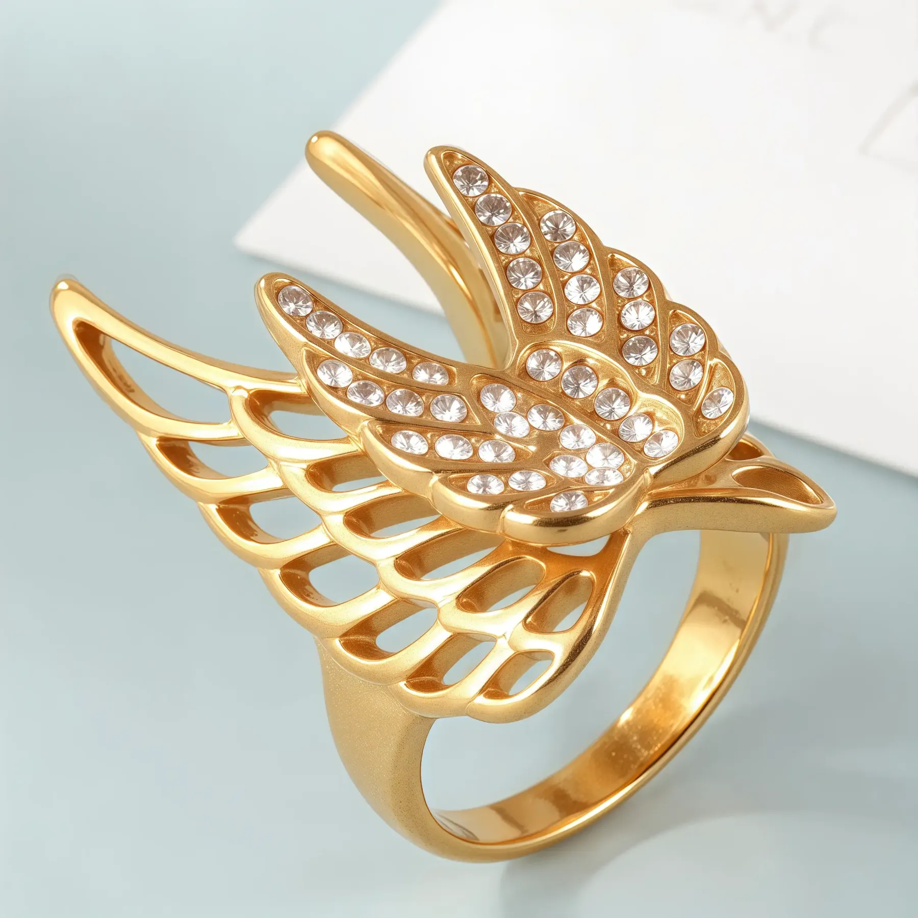24k Gold Inlaid Crystal Wing Pattern Stainless Steel Female Ring丨C-306-JinBaoJewerly