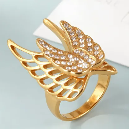 24k Gold Inlaid Crystal Wing Pattern Stainless Steel Female Ring丨C-306-JinBaoJewerly