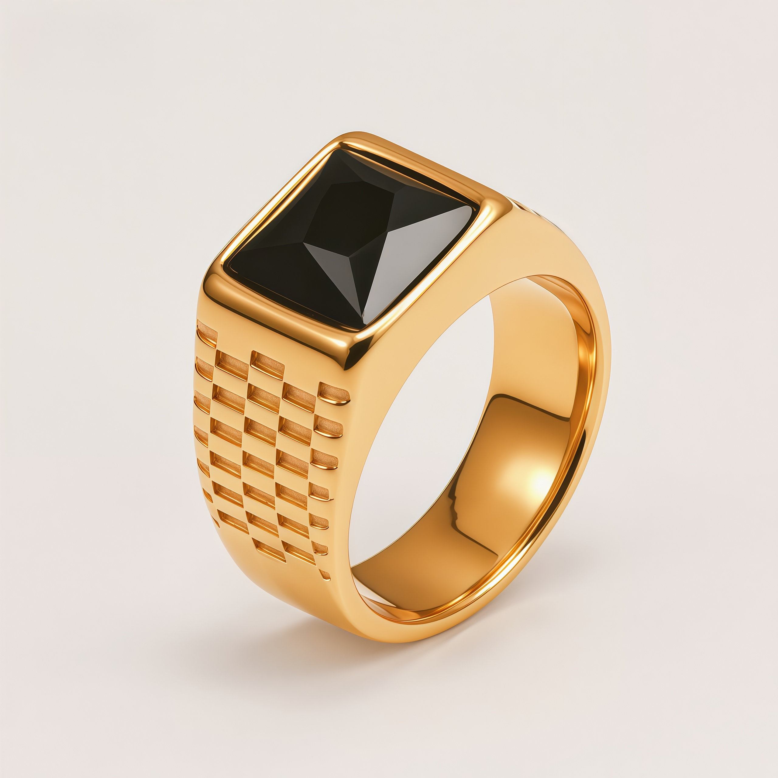 Men's Stainless Steel Square Gemstone Vintage Grid Texture Ring | K0099J